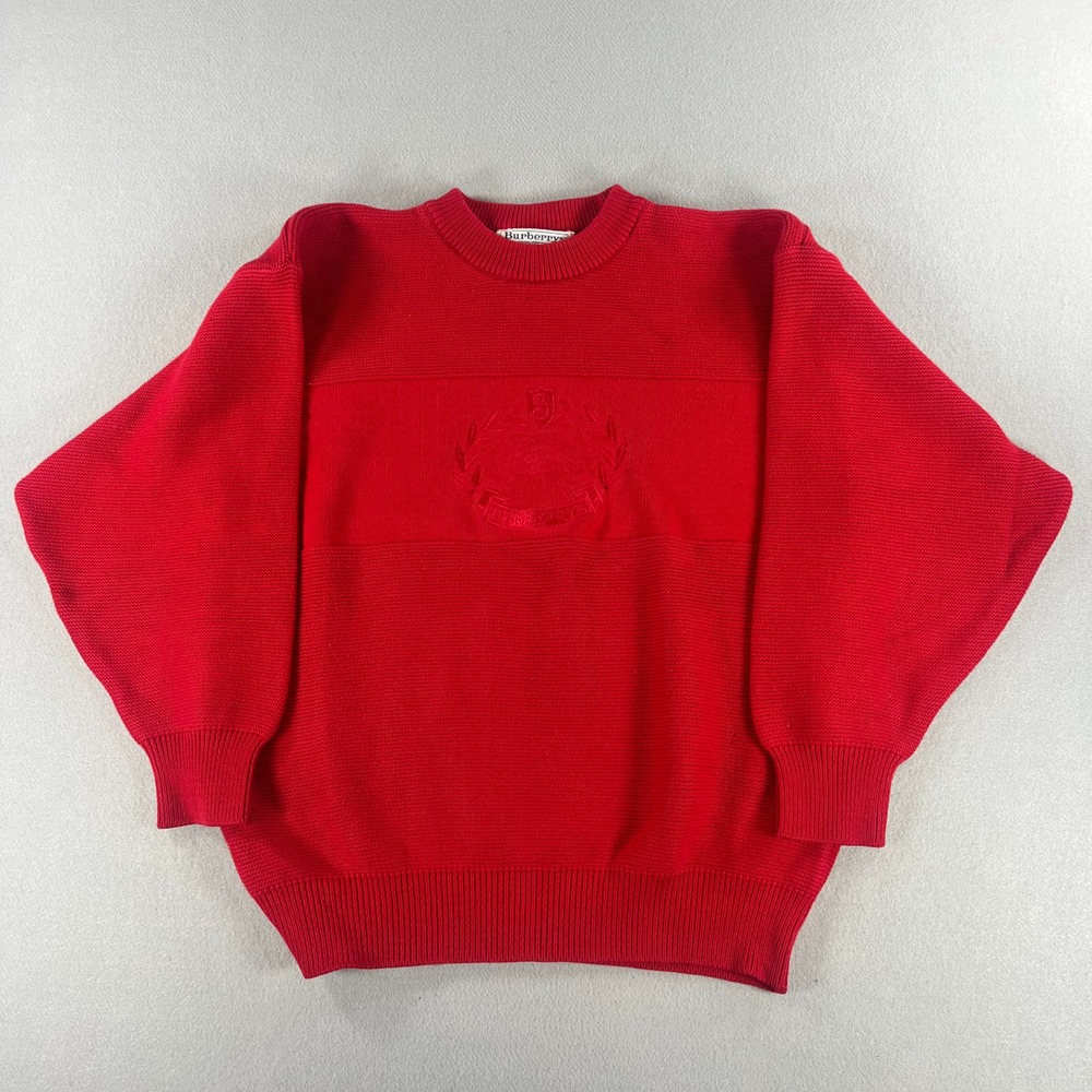 Vintage 90s Burberrys Big Logo Wool Knit Sweater Red Men Size 42 Made In England
